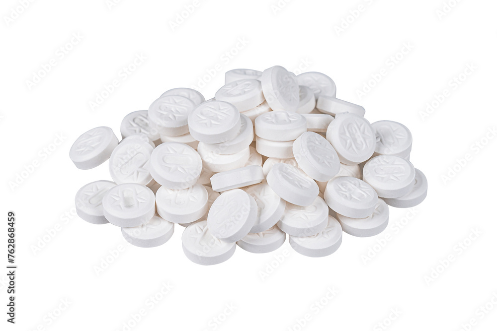 Pile of white round pills isolated on white background. Pile of white round pills isolated on white background.