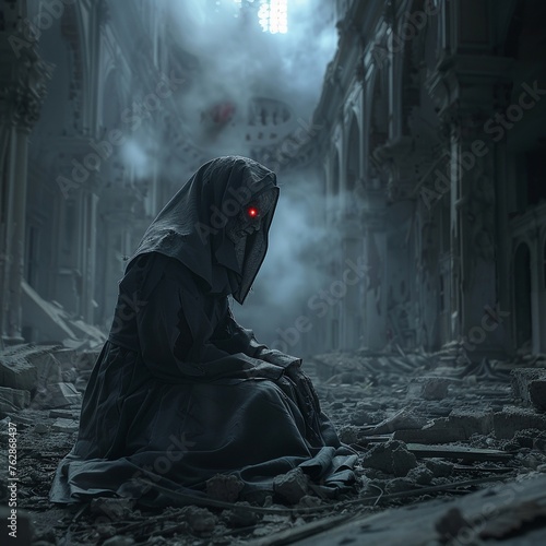 Malevolent nun with glowing red eyes in a derelict convent, thunderstorm backdrop, dramatic lighting, wide shot