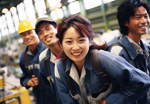 工場の機械の中で働く作業服姿の若いアジア人女性と仲間達（メカニック・工事・建築・建設・点検・製造）
 photo