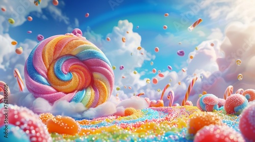 Swirling candy tornado in a vibrant land, gumdrops and licorice flying, rainbow backdrop, wideangle, whimsical