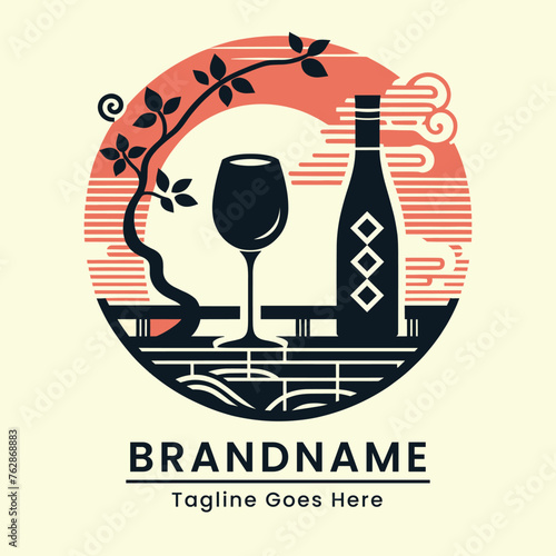 traditional wine logo Classic Elegant with glass and bottle japan element aesthetics with soft color
