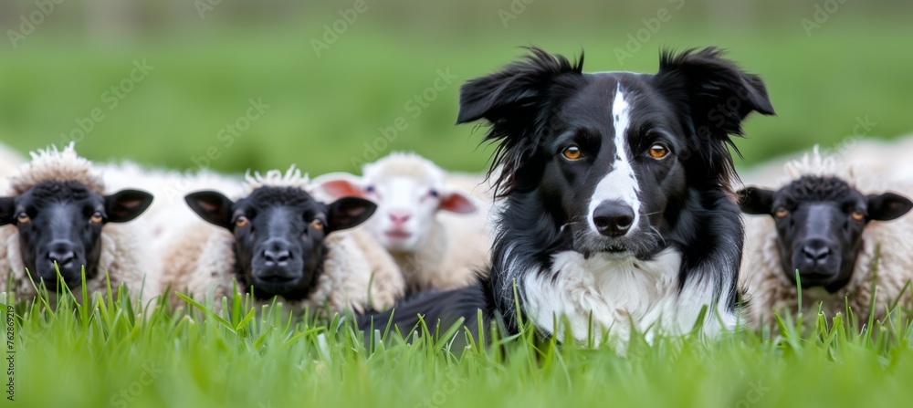 Dedicated farm canine diligently guarding a herd of sheep with unwavering vigilance Dedicated farm canine diligently guarding a herd of sheep with unwavering vigilance