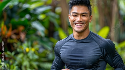 Healthy asian man enjoys a lively jog for physical fitness and overall well being