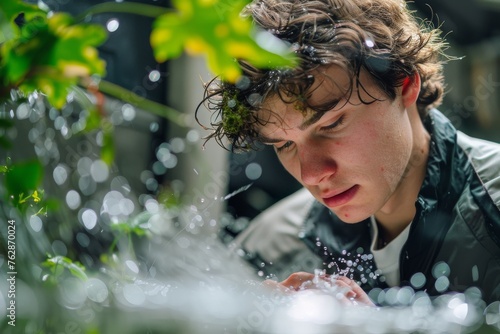 Focused young hydrologist studying water cycle models in natural setting