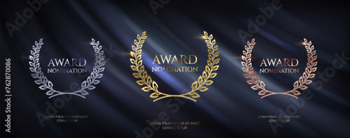 Laurel wreathes for award nominations realistic vector illustration set. Golden silver and bronze prizes 3d models on blue curtain background