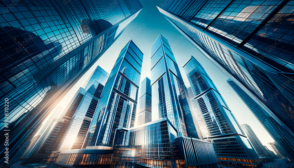Highly stylized bottom-up view of skyscrapers with surreal reflections in a futuristic city, creating a dream-like urban landscape.