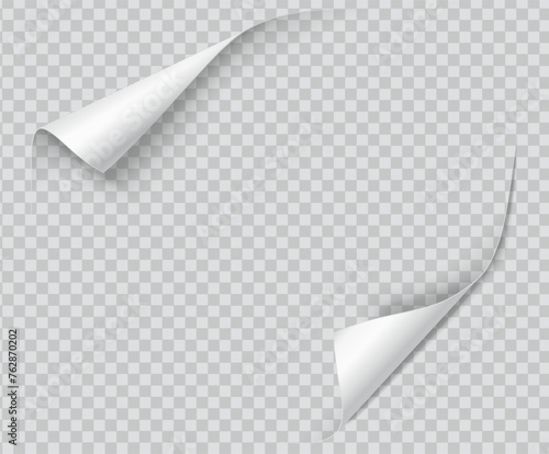 Paper with bent diagonal corners realistic vector illustration. Banner design. Rolled notebook page edges 3d model on transparent background