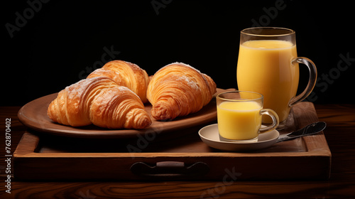 A jug of orange juice and a glass of orange juice served with a plate of croissants sprinkled with powdered sugar on top.