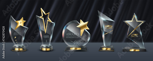 Shining glass trophies with golden stars realistic vector illustration set. Leadership award 3d models on black drapery background collection