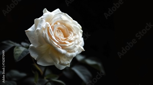 Close up of white flower rose on isolated black background, Copy space. generative AI image © wikkie