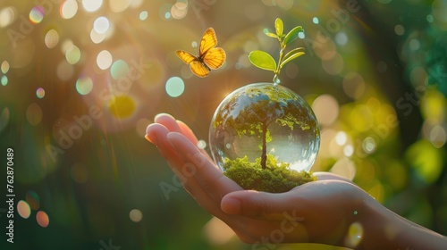 Crystal glass ball of earth and tree growing with sunlight in human hand on blurred background.