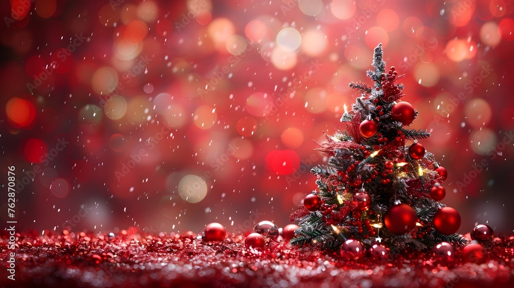 Decorated Christmas tree with red ornaments and glittering lights on a bokeh background. Festive holiday decoration concept with space for text. Decorated Christmas tree with red ornaments and glittering lights on a bokeh background. Festive holiday decoration concept with space for text.