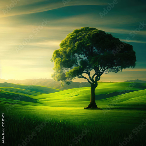 beautiful tree in the middle of a green pasture landscape