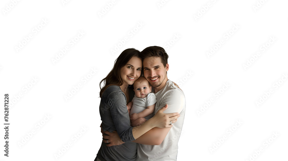 Young parents smiling and hugging their baby between them Young parents smiling and hugging their baby between them