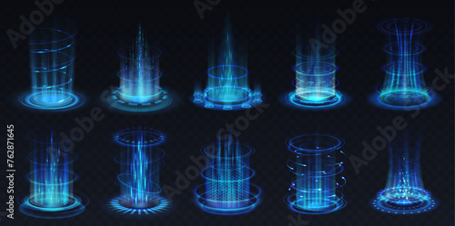 Blue glowing magic portals realistic vector illustration set. Video-game level up light effect 3d elements on black background. Fantasy template