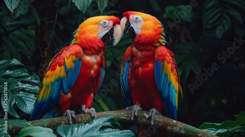 Vibrant macaws perched on thick vines in a lush and colorful rainforest environment