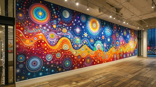 Show a mural wall that blends symbols from multiple religions into one cohesive artwork