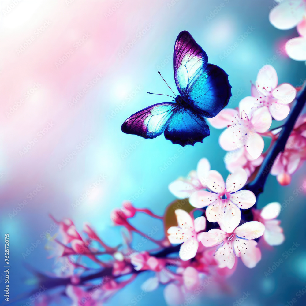 Branch of a flowering cherry tree with a butterfly Branch of a flowering cherry tree with a butterfly