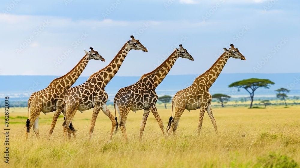 Obraz premium A group of giraffes striding across the African plains