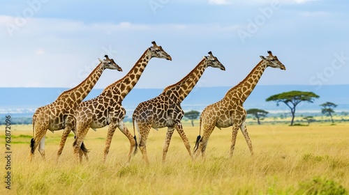A group of giraffes striding across the African plains © Photock Agency