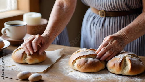 Wrinkled hands of an elderly woman making bread