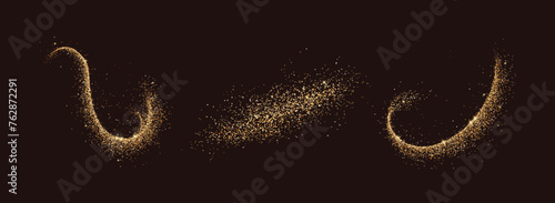 Shiny golden glitter patterns realistic vector illustration set. Brilliant fairy dust trails 3d elements on black background collection