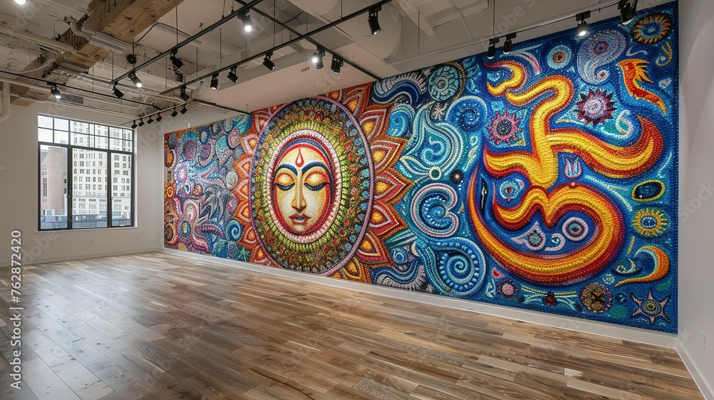 Fototapeta premium Show a mural wall that blends symbols from multiple religions into one cohesive artwork