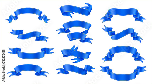 Noble blue satin ribbons realistic vector illustration set. Retro style ornaments 3d models on white background. Holiday invitation and ads