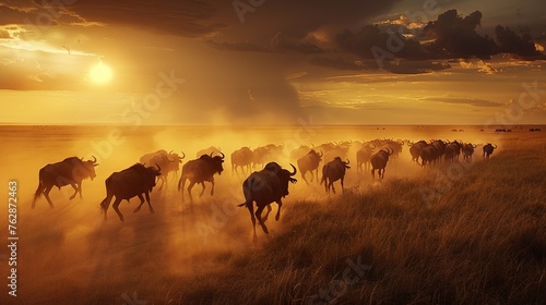 A herd of buffalo stampeding across the grasslands photo