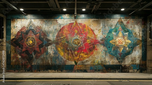 Show a mural wall that blends symbols from multiple religions into one cohesive artwork