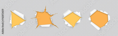 Irregular holes in torn papers over yellow realistic vector illustration set. Borders of ripped up sheets 3d objects on transparent background