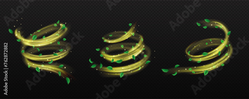 Golden dust waves with leaves realistic vector illustration set. Fantasy flows of shiny flare and leafage 3d elements on transparent background