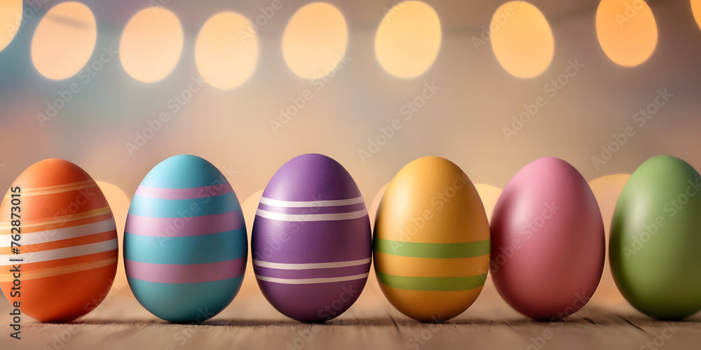  Easter holiday celebration banner Set collection of colorful painted striped easter eggs on table 