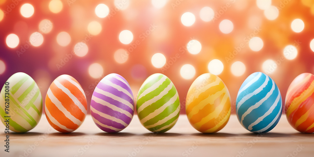 Easter holiday celebration banner Set collection of colorful painted striped easter eggs on table Easter holiday celebration banner Set collection of colorful painted striped easter eggs on table