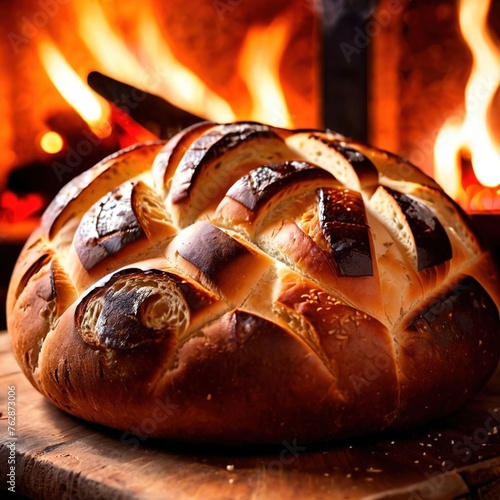 Artesenal resh baked bread from traditional old fashioned wood fired oven photo