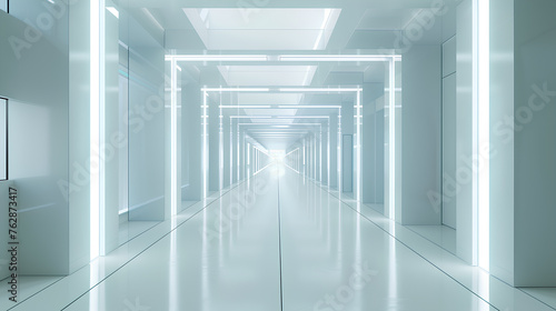 A long, empty hallway with white walls and white floor. The hallway is lit by a series of lights, creating a bright and sterile atmosphere