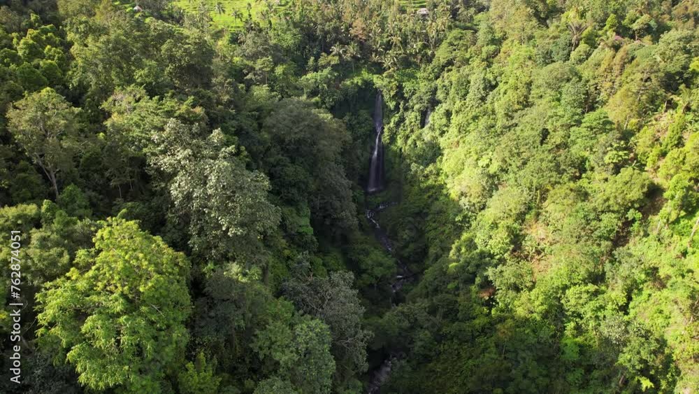 Forward reveal aerial shot of Fiji Waterfall Lemukih on sunny day. Bali, Indonesia. Forward reveal aerial shot of Fiji Waterfall Lemukih on sunny day. Bali, Indonesia.