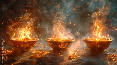 Incense burning in golden censers filling the air with a mystical and sacred scent.