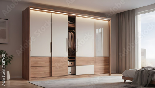 Wooden wardrobe sliding doors in interior design of modern bedroom 4