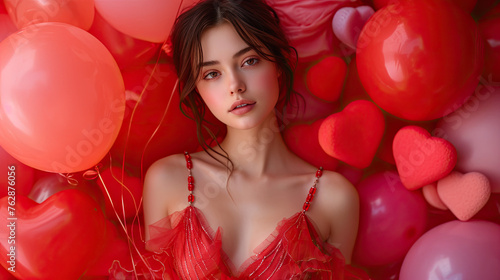 A luxurious woman in a red dress on a background of layers and hearts. Beautiful girl fashion and style bright photo brunette. generative ai