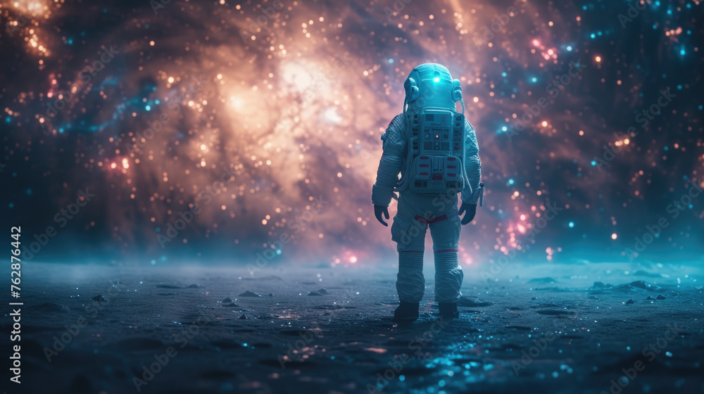 astronaut stands on the moon against the background of space and looks into the distance. New discoveries and prayers. generative AI, generative, ai. astronaut stands on the moon against the background of space and looks into the distance. New discoveries and prayers. generative AI, generative, ai.
