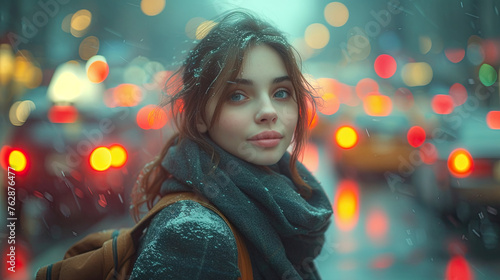 A girl stands in the middle of the street of a big city and looks at the camera in winter. generative ai