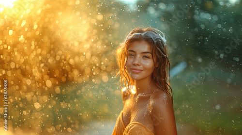 A young woman on a sunny summer day in the garden under the rain enjoys life, peace and happiness, youth. generative ai