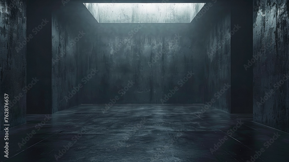 Dark concrete room with a light shaft - An empty industrial-style room with a single light source from above creating a moody and enigmatic atmosphere - obrazy, fototapety, plakaty 