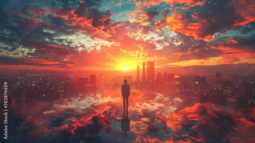 A businessman stands in front of a city skyline visualizing himself as a CEO of a successful company in the future. - obrazy, fototapety, plakaty 