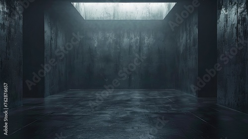 Dark concrete room with a light shaft - An empty industrial-style room with a single light source from above creating a moody and enigmatic atmosphere