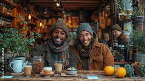 A couple of guys are sitting in a restaurant and drinking coffee in stylish autumn clothes. Gay couple on a date. generative ai