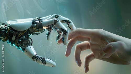 Robot hand touching human hand in futuristic setting - A realistic rendering of a robot hand reaching towards a human hand, symbolizing AI and human interaction