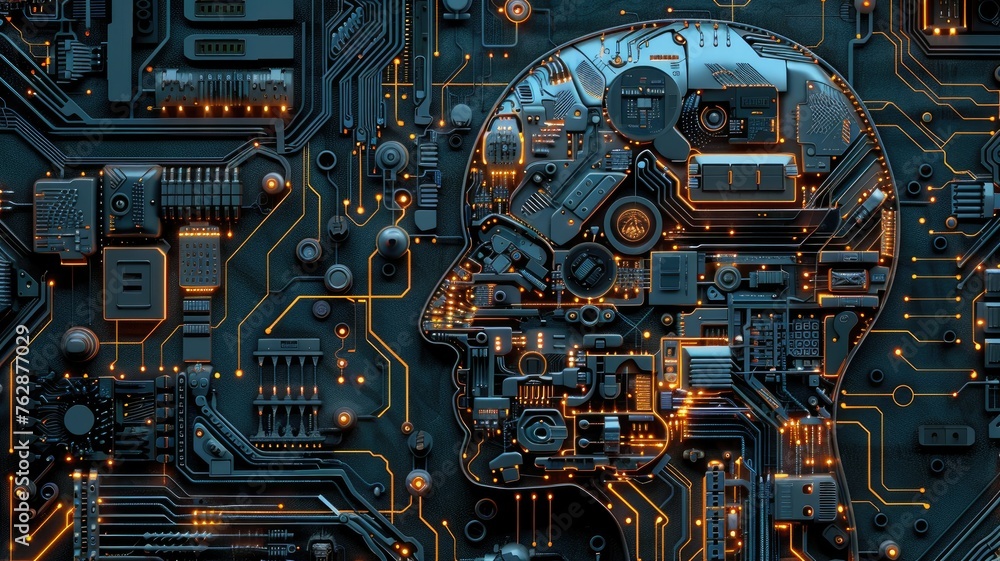 Technology concept with electronic board graphics - Highly detailed electronic board design resembling a human brain, suggesting concepts like AI and machine learning