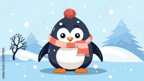 Winter illustration. Funny cartoon penguin flat vec